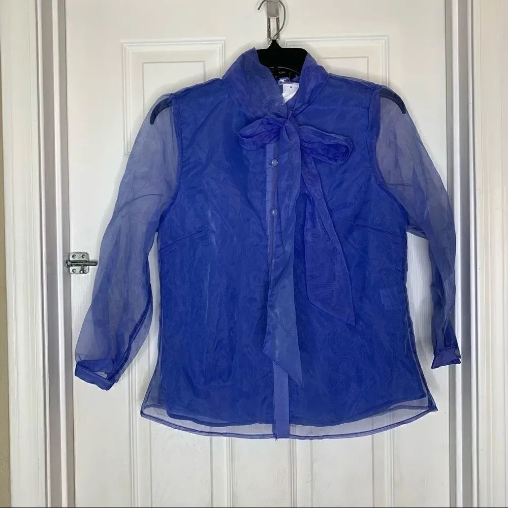 New York & Company Size Medium Cornflower Color Button Down Shirt Sheer Sleeves